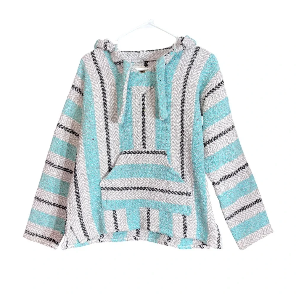 Earth Ragz Size Small Baja Hoodie Turquoise Teal Grey Striped Mexican Poncho - Picture 2 of 13
